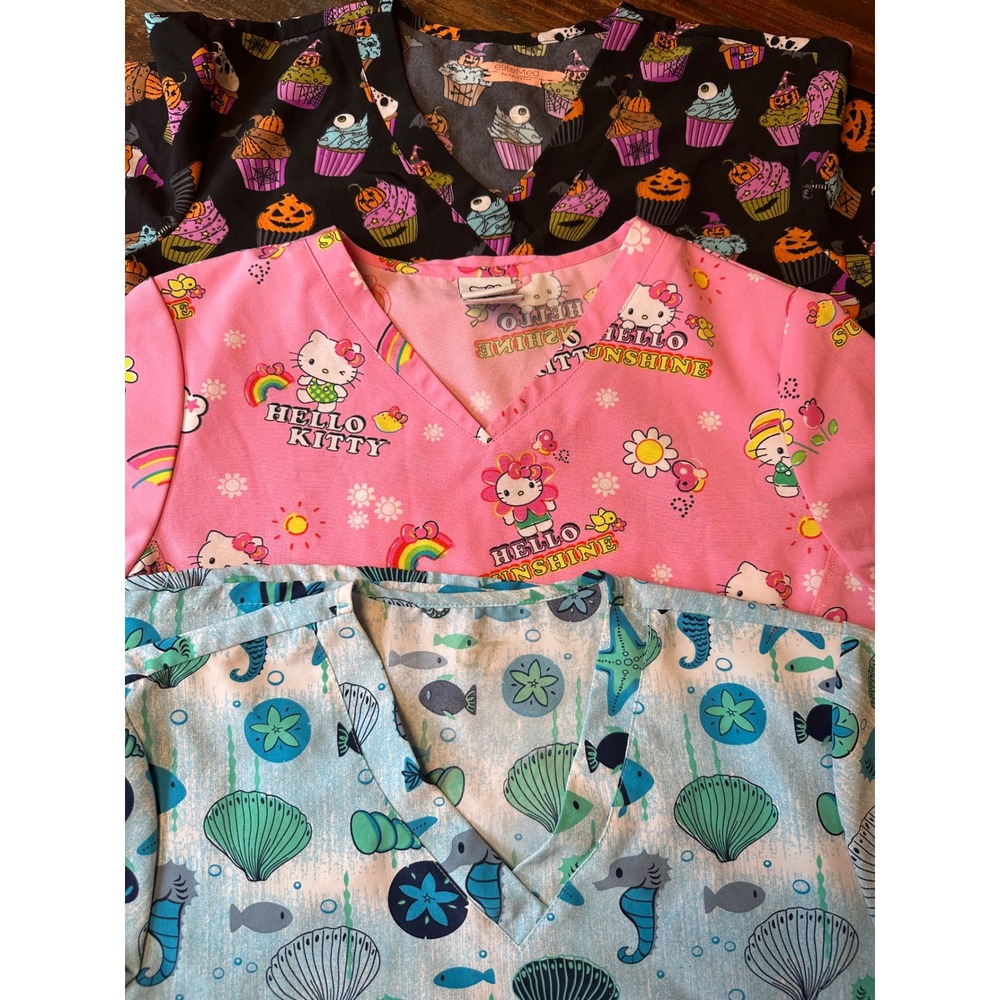 Scrub Top Lot of 3 Womens Medium Hello Kitty Halloween Nautical V-Neck Pockets